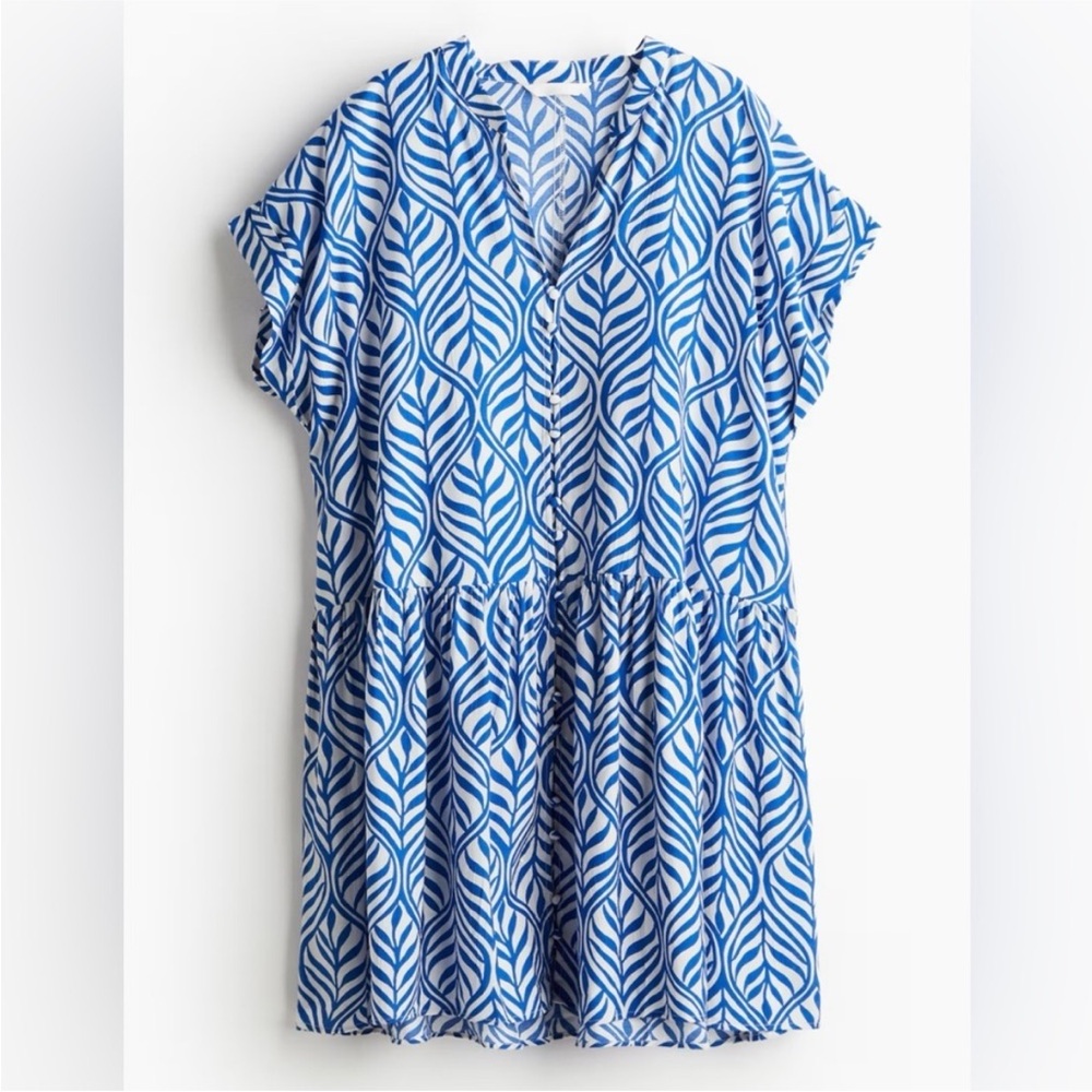 H&M crinkled tunic dress - Blue and White Leaf Print